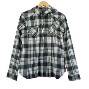 Mountain Hardwear Womens‎ Plaid Button Hooded Shirt Size L Blue Hiking Granola